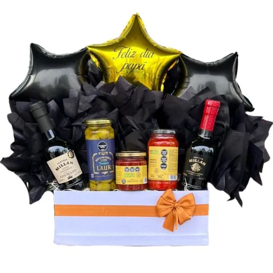 box con globos y productos laur dia del padre 